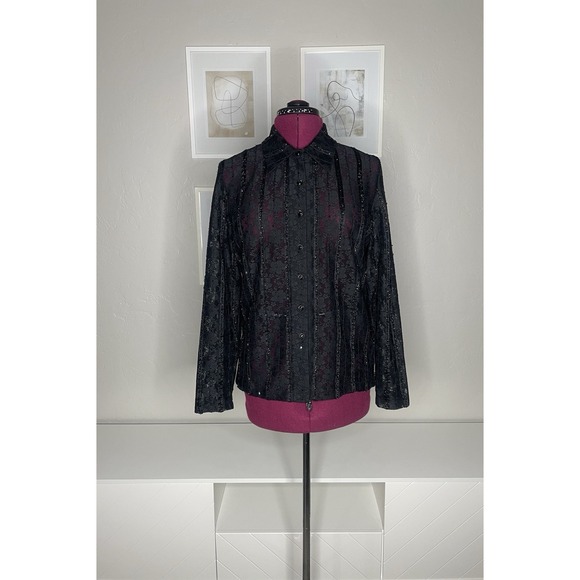 Misook Top Shirt women's L Black Sequin Embellished Semi-Sheer Lace Button Down - Picture 1 of 7